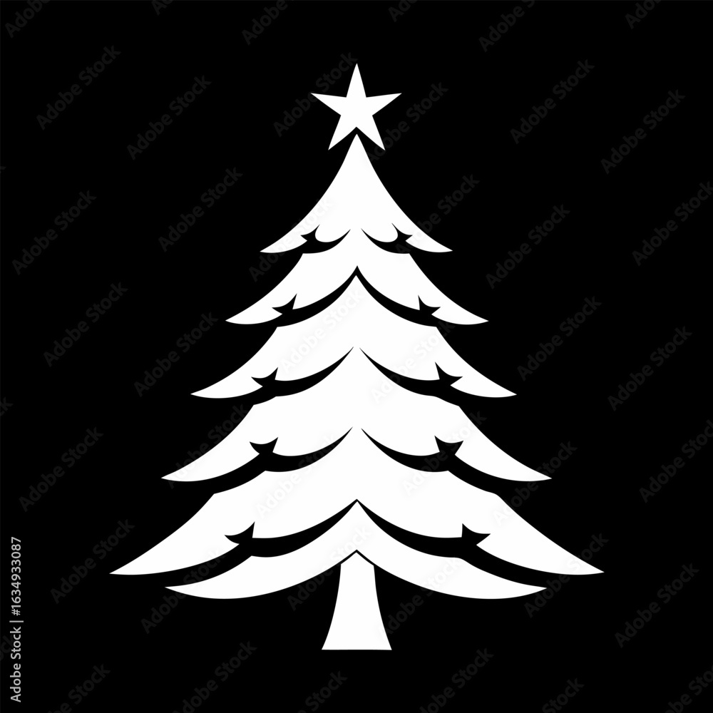 Obraz premium Сhristmas tree silhouette logo. White icon Сhristmas tree isolated on black background. Vector illustration front view