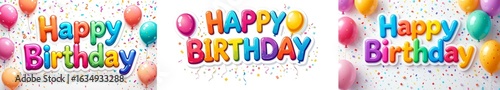 Colorful birthday greeting with balloons and confetti backdrop  