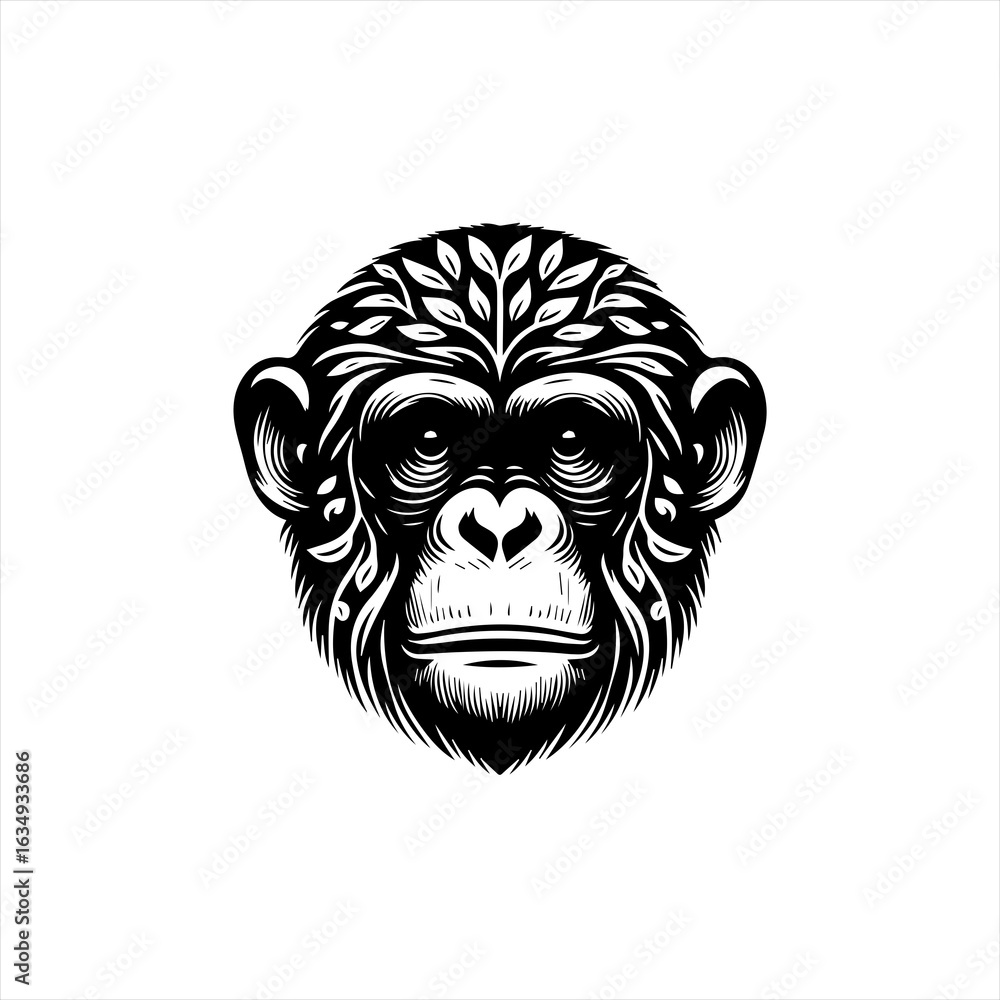 Fototapeta premium Stylized Chimpanzee Head with Nature Elements.