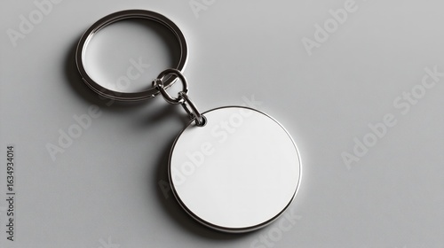 Silver metal keychain with white round pendant on grey background