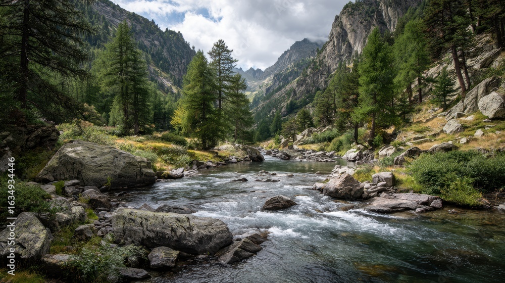 Obraz premium A serene mountain stream flows through a lush green valley, surrounded by majestic peaks and vibrant trees.