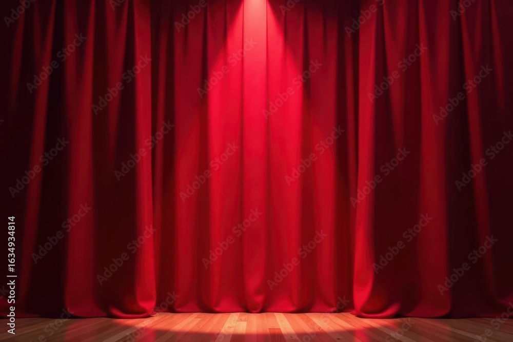 Fototapeta premium Deep red curtain backdrop, spotlight center stage, texture, red, spotlight