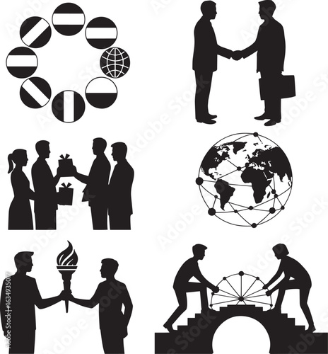 International Collaboration Silhouettes of Flags, Handshakes, Gifts, Globe, and Torch Relay