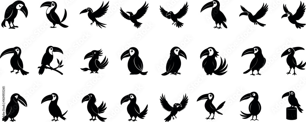 Fototapeta premium Toucan Silhouette Bundle – Tropical Bird Vector Set with Standing, Flying & Perched Toucans | Jungle Wildlife Clipart for Exotic Designs