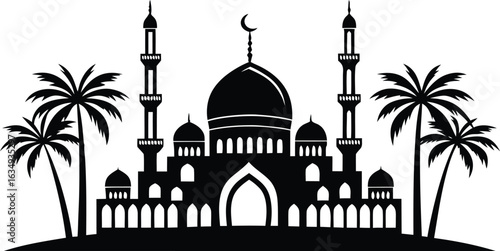 Black silhouette of a mosque with domes minarets and palm trees on a white background