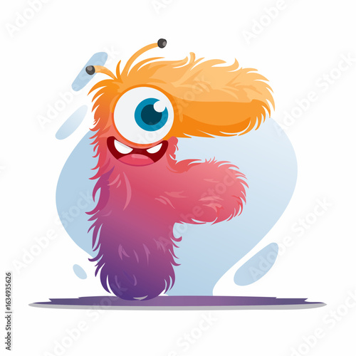 Cute furry monster shaped like the letter F, colorful background, cartoon style for kids