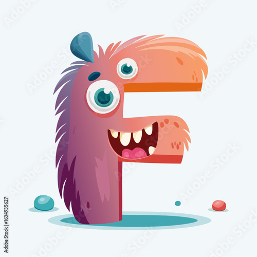 Cute furry monster shaped like the letter F, colorful background, cartoon style for kids