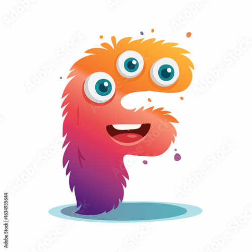 Cute furry monster shaped like the letter F, colorful background, cartoon style for kids