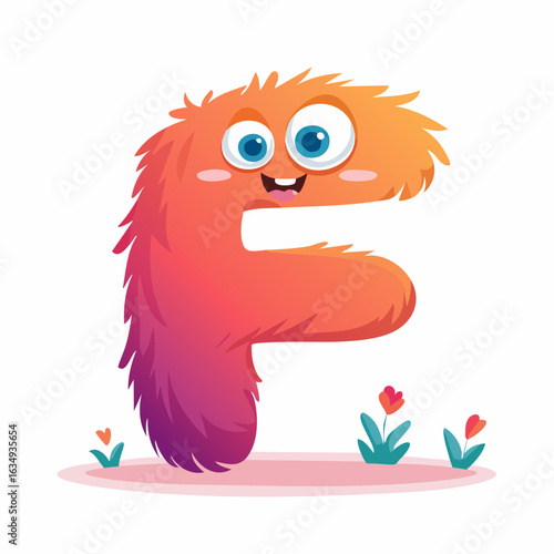 Cute furry monster shaped like the letter F, colorful background, cartoon style for kids