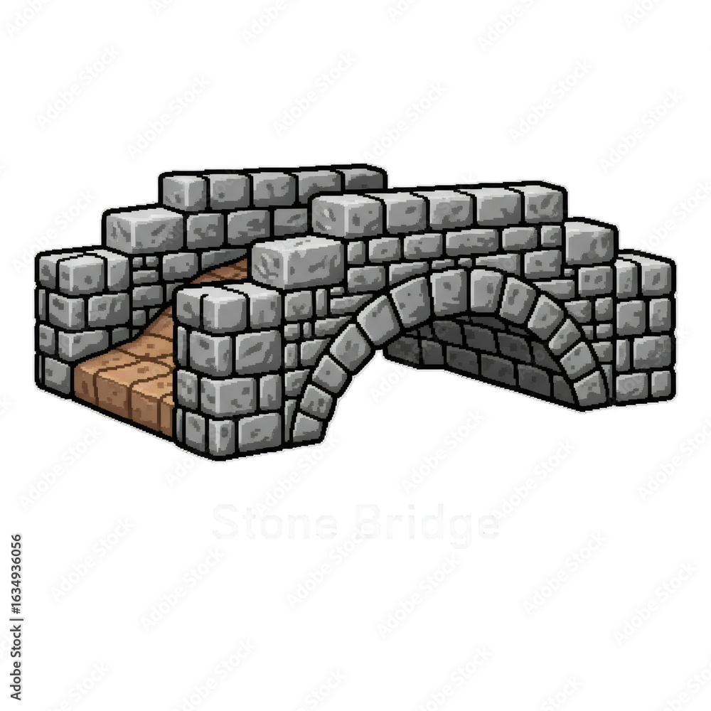 Fototapeta premium 石造りのアーチ橋のピクセルアートイラスト 透明な背景に詳細なゲームアセット