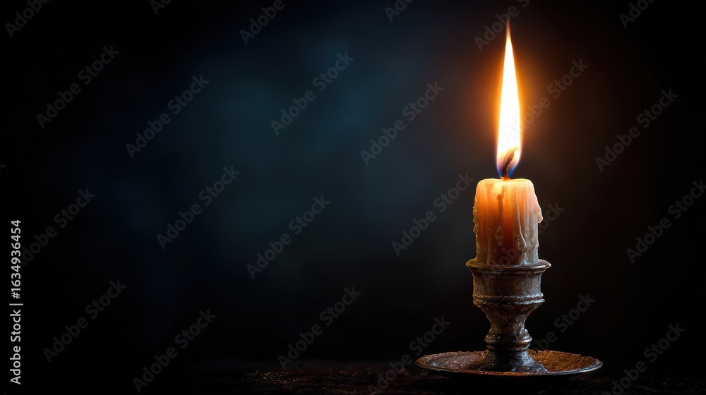 Fototapeta premium A solitary candle burns brightly in a dark space, casting a warm glow and creating a serene atmosphere.