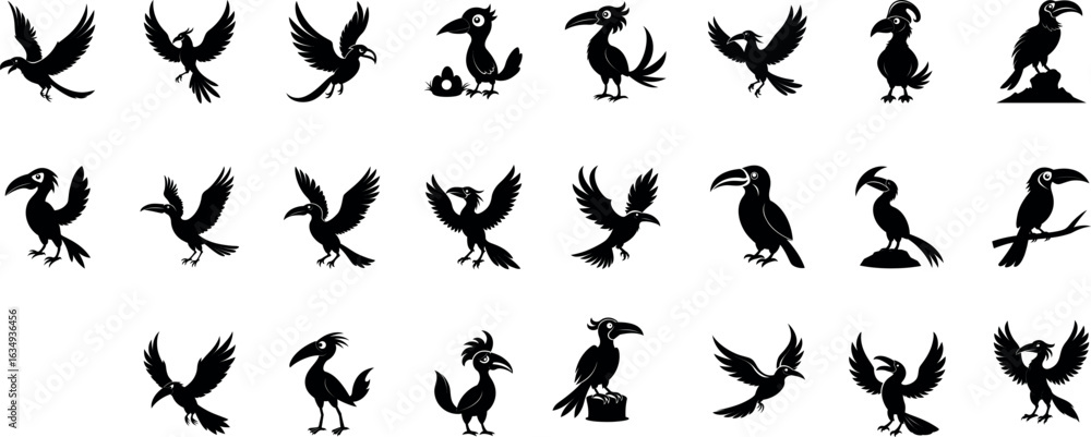 Fototapeta premium Toucan Silhouette Bundle – Tropical Bird Vector Set with Perched, Flying & Side Profile Toucans | Jungle Wildlife Clipart for Exotic Designs