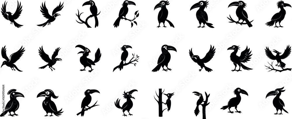 Naklejka premium Toucan Silhouette Bundle – Tropical Bird Vector Set with Perched, Flying & Side Profile Toucans | Jungle Wildlife Clipart for Exotic Designs