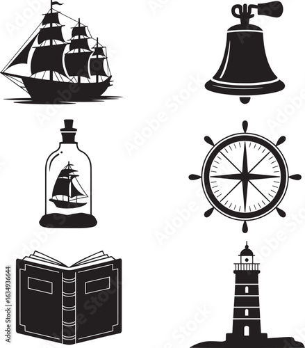 Silhouette Illustrations of Nautical Themes and Maritime Objects on a Transparent Backdrop