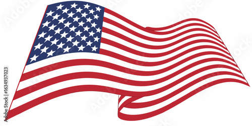 United States flag banner, waving in the wind, with precisely placed stars and bold, vibrant stripes.