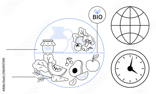 Fruits, vegetables, jar, BIO badge, globe, clock symbolizing organic eating, sustainability, wellness. Ideal for health eco-lifestyle time management global trends agriculture conscious living