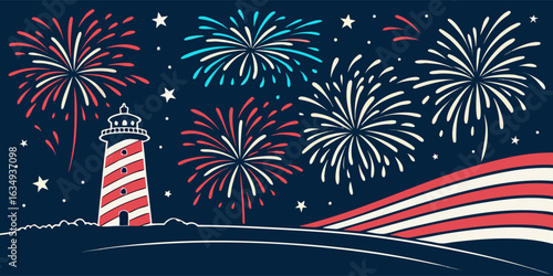 A festive scene with bursts of red, white, and blue fireworks, illuminating the dark sky over a cityscape, symbolizing the patriotic pride of the USA on Independence Day.