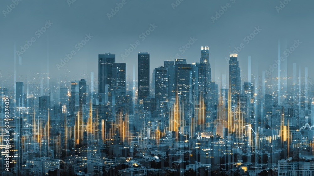 Obraz premium A stunning abstract view of a modern city skyline illuminated at night, showcasing dynamic architecture and urban life.