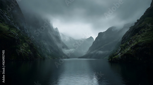 Fototapeta Naklejka Na Ścianę i Meble -  Moody mountain fjord with dark water and misty peaks mountains lake