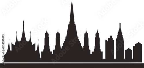 Silhouette of a city skyline with temples and modern buildings on a white background