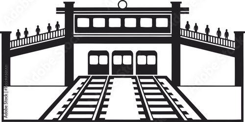Silhouette of a train station with trains and people on a white background railway