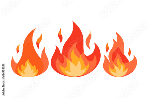 Three stylized flames in red orange and yellow on black background