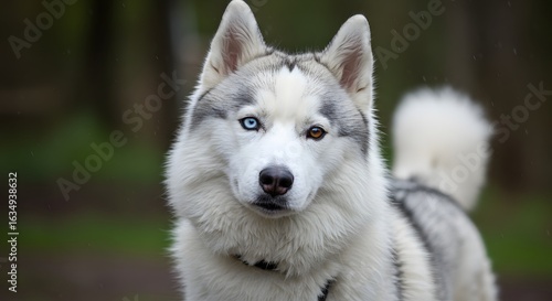 A close up shot of a husky with heterochromia standing in a blurry outdoor forest setting