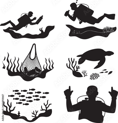 Silhouetted Marine Life and Scuba Diving Icons on Transparent Background Vector Graphic