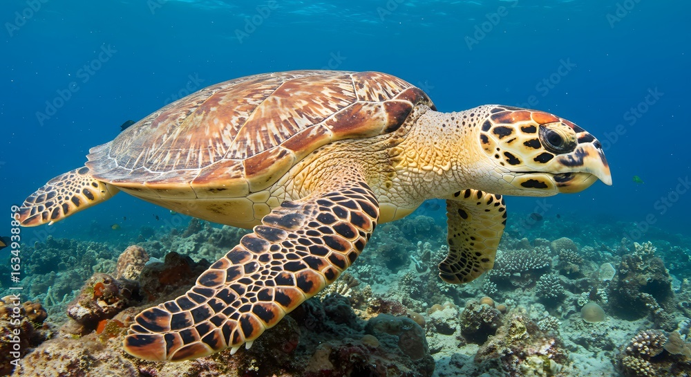 Fototapeta premium A sea turtle swimming gracefully over a vibrant coral reef in clear blue ocean waters close up view