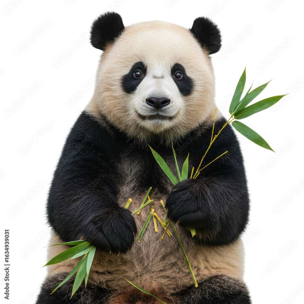 Naklejka premium A beautiful giant panda sits and enjoys bamboo leaves, with a charming smile.