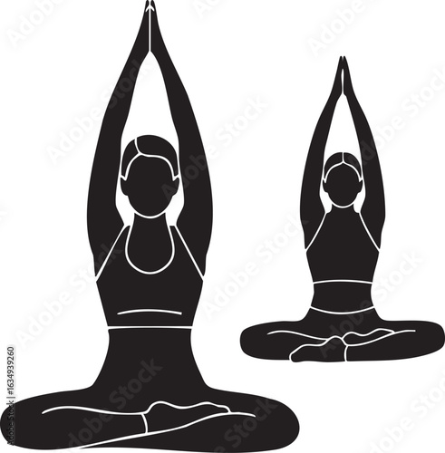 Silhouettes of Women Meditating Practicing Yoga Poses for Wellness and Flexibility with Hands Raised and Legs Crossed for Health