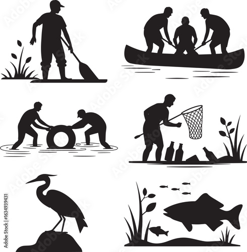 Silhouettes of People Participating in Water Conservation and Recreation on Transparent Vector