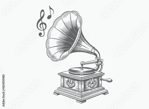 Retro gramophone with music notes in classic engraved style. Antique record player sketch with old-fashioned detailing.