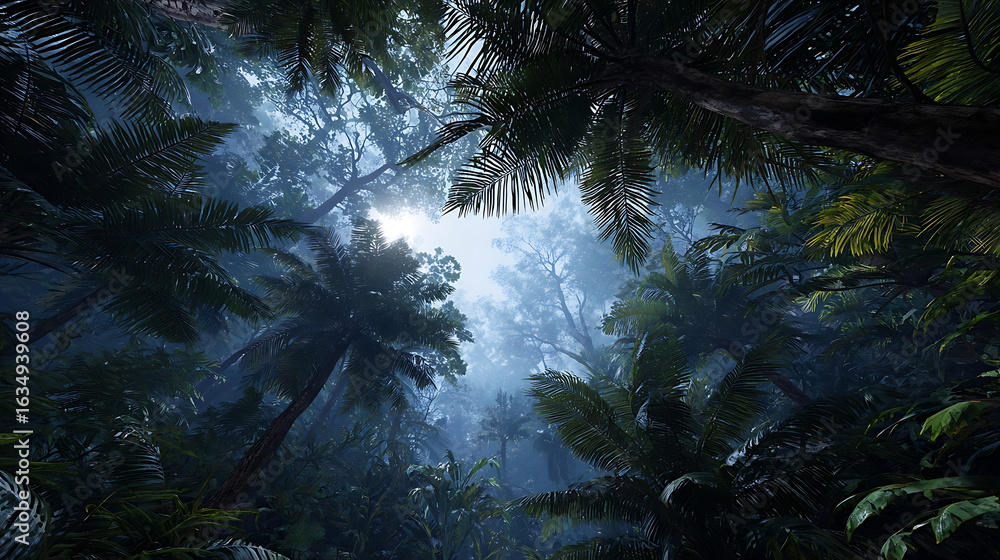 Obraz premium Lush emerald jungle canopy with bright sky peeking through dense foliage forest trees