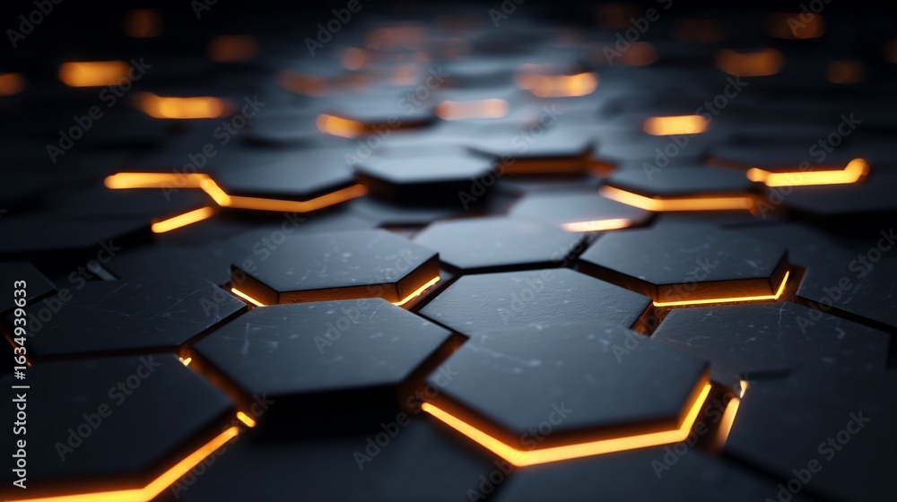 Obraz premium Honeycomb of dark gray hexagons with glowing orange edges