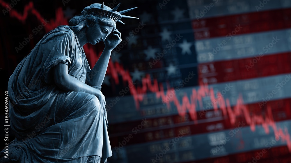 Fototapeta premium Statue of Liberty in deep contemplation, set against a backdrop of fluctuating stock market graphs and an American flag, symbolizing economic uncertainty and national identity