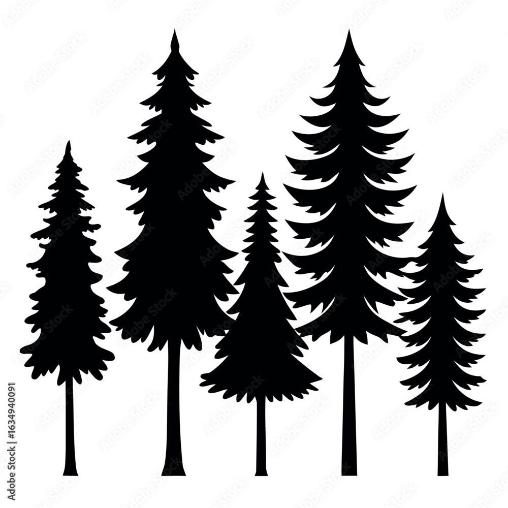 Obraz premium A festive set of winter forest trees, including pine and fir silhouettes, for your Christmas and holiday nature illustrations