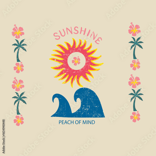 hand drown sunshine surf with coconut tree .summer vibes art work. vintage summer t shirt design. sun poster design. summer colorful flower. vintage tee prints. 