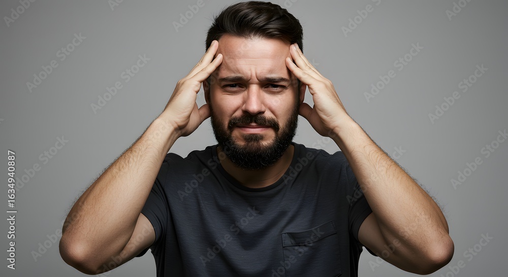 Fototapeta premium Bearded Man in Agony Pressing Temples to Relieve Intense Migraine Pain.