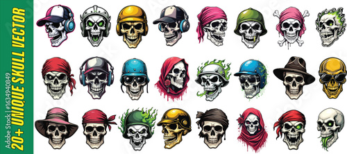 20+ Unique Skull Vector Set – Colorful Skull, Pirate Skull, Biker Skull, Unique Skull, Perfect for tattoo designs, streetwear, poster art, gaming graphics, Halloween visuals, and merchandise.