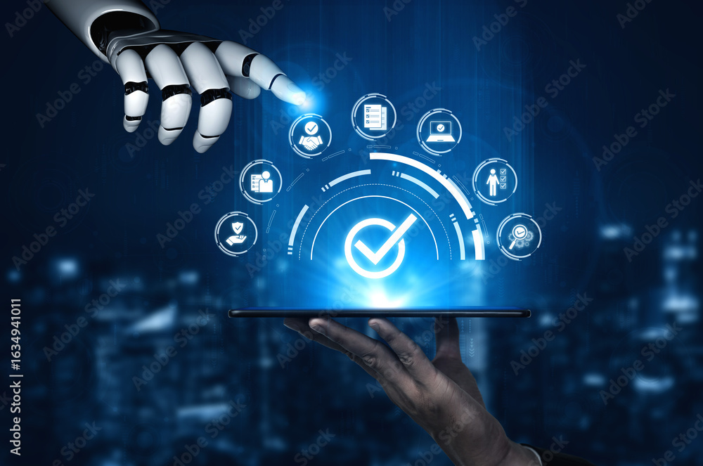 Obraz premium AI powers quality assurance through intelligent control systems, compliance monitoring, and virtual assistants to ensure product excellence. Vouch