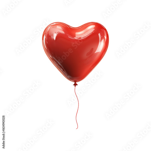 Balloon Heart Icon in Shiny Red Latex Style with Floating Shadow Isolated on Transparent Background