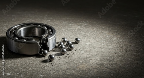 Damaged Ball Bearing with Scattered Steel Balls on Concrete Surface
