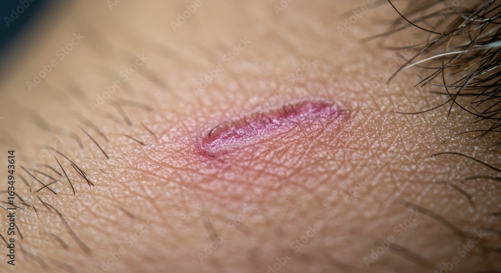Fototapeta premium Close-up of a Fresh, Pink Scar on Human Skin with Hair Follicles, Macro Detail