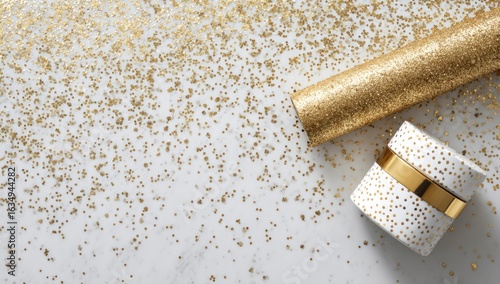 Gold glitter scattered on marble surface with a roll of gold glitter wrapping paper and a small, white gift box with gold polka dots