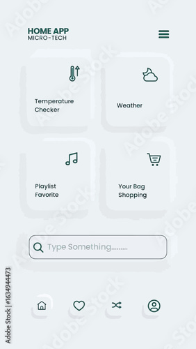 Smart home app interface showcasing temperature, weather, music, and shopping features.
