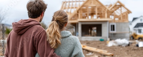 Couple excitedly watching home construction progress suburban area lifestyle photography outdoor setting engaging perspective