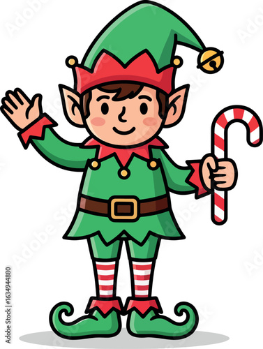 Christmas elf cartoon character holding a candy cane and waving, isolated vector illustration.