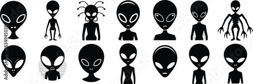 Alien silhouette set, extraterrestrial figure designs, sci-fi character vector, diverse alien shapes, head body variation, concept art icons