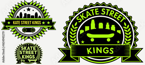 Skate Street Kings logo with bold skateboard icon, city skyline silhouette, and star-themed crest design for urban sports branding and youth identity